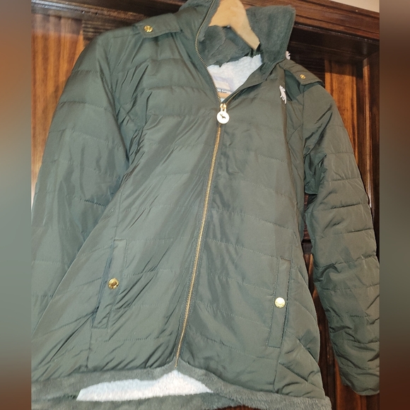 Abercrombie & Fitch Green Girls puffer Jacket coat fur hood 15 16 L XL